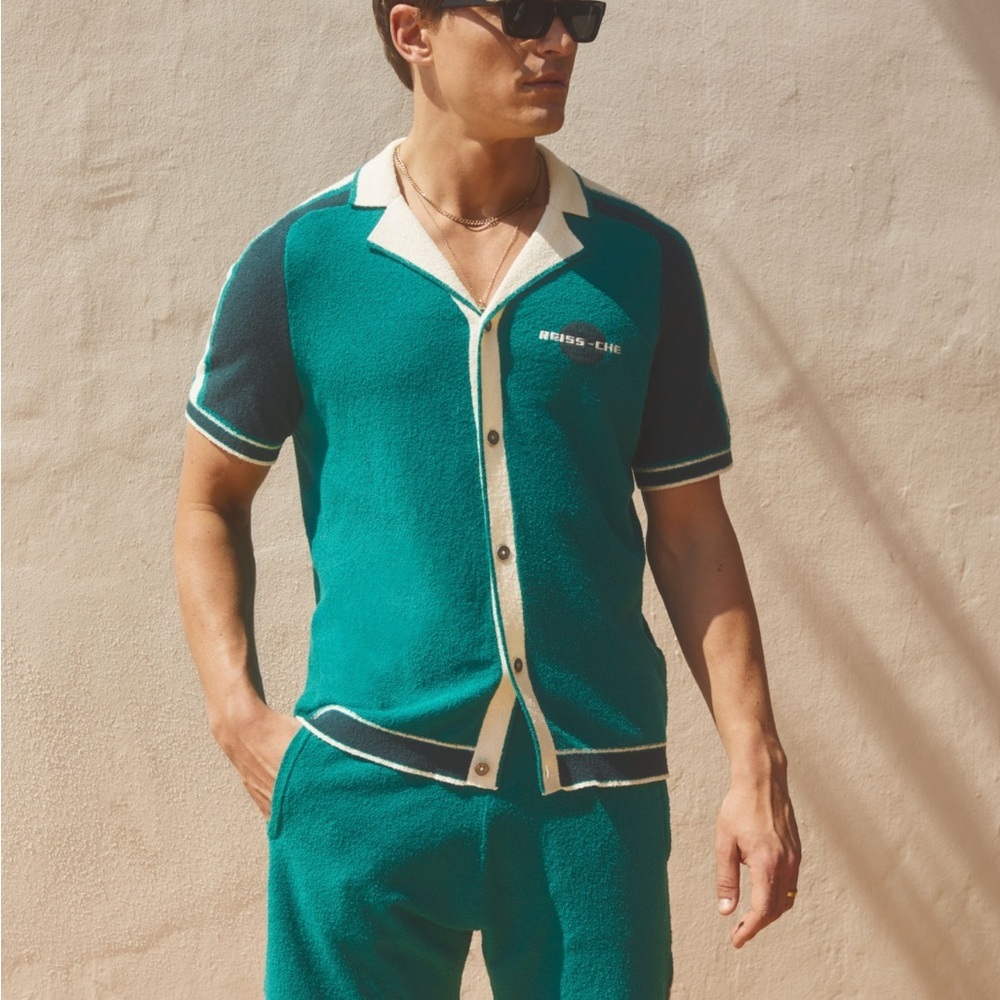 Reiss Che Towelling Cuban Collar Shirt in Bright Green Size Medium. NWT